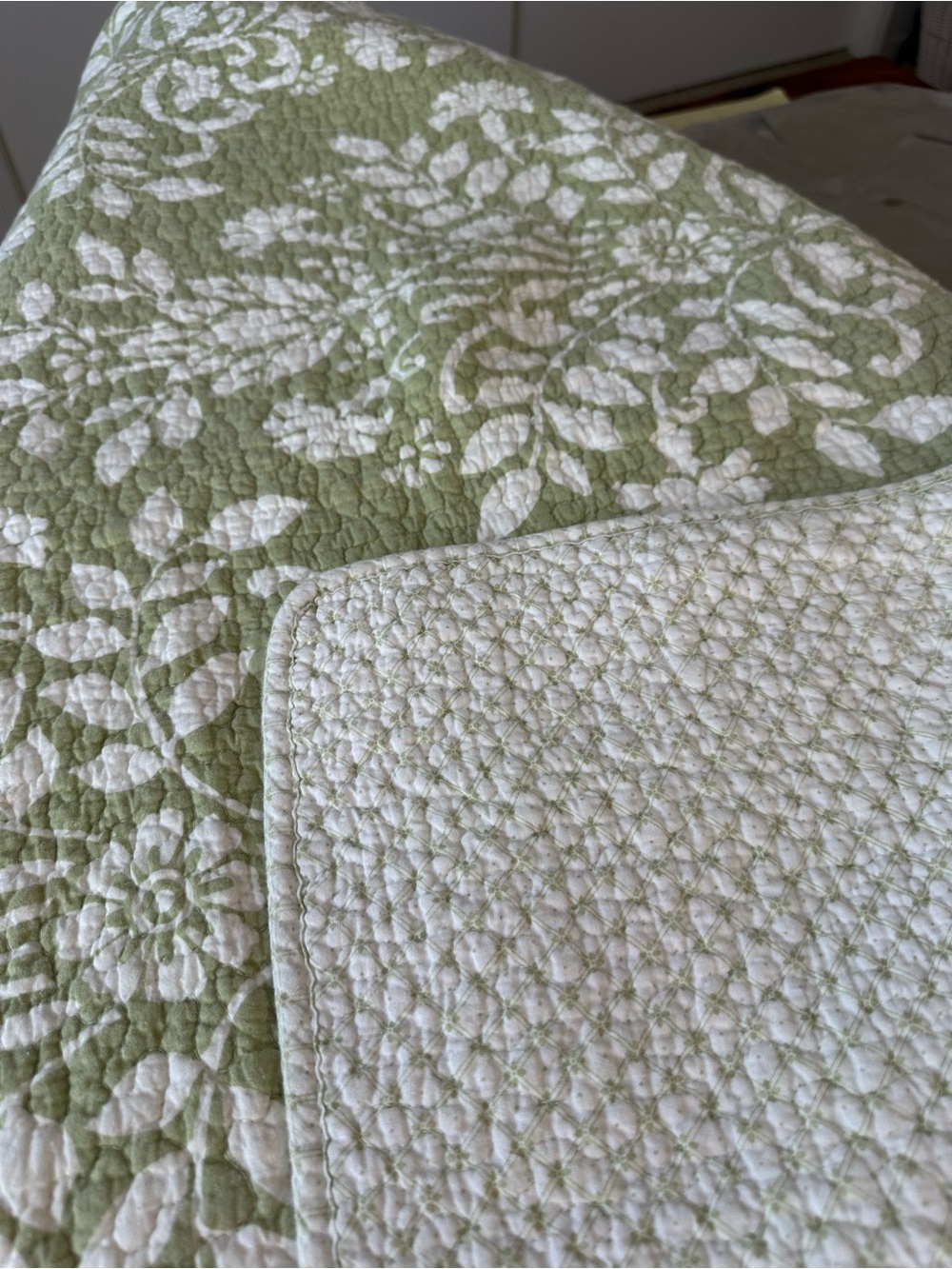 Laura Ashley Green and White Reversible Quilted Coverlet